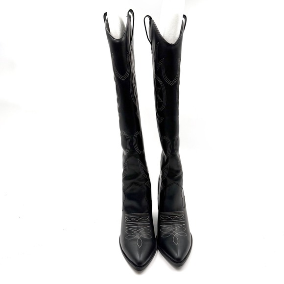 Steve Madden Linconn Boots Black Faux Leather Knee Cowboy Western Heel Sz 8 - Picture 3 of 13
